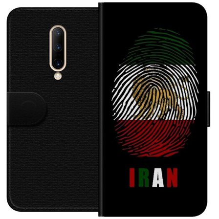 Kompatibel Tegnebogsetui til OnePlus 7 Pro Fingeraftryksformat som Irans flag med løvemotiv på sort dramatisk baggrund