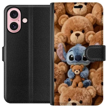 Kompatibelt Lommeboketui til Apple iPhone 16 Stitch omgitt av brune teddybjørner med en liten teddybjørn i fanget i en søt og koselig kawaii-design