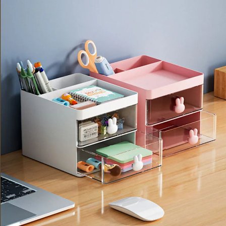 Cute Pen Holder With Two Drawer Desk Accessories Pencil Storage Box Desktop Organizer School Office Stationery