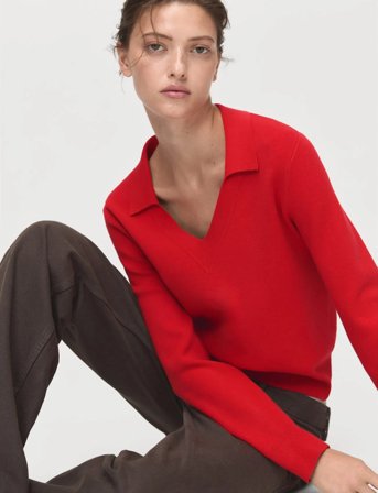 Mango Fine-Knit V-Neck Sweater - Red - S