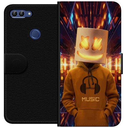 Yhteensopiva Lompakkokotelo Huawei Huawei P smart DJ-hahmo valaisevassa kypärässä ja hupparissa futuristisessa musiikkiympäristössä neonvalojen