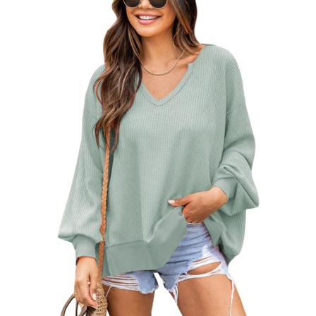 Dam V-hals Våffel T-shirt Enfärgad Lantern Sleeves Toppar