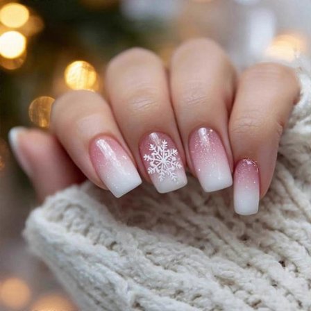 24 stk. Juleinspirerte Press-On Negler Ikke-giftig ABS Bygg Rosa Hvit Snøfnugg Kunstige Negler for Sensitiv Hud[HK]