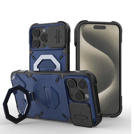Kompatibel med IP-15PRO MAX stødsikkert etui, telefonetui med stativ, safirblå