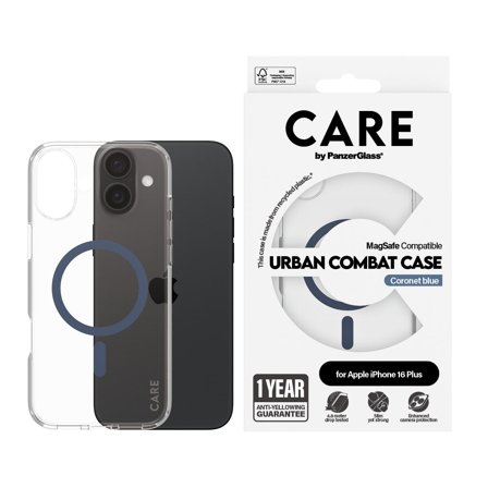CARE by Panzer Flagship Case Transparent Urban Combat w. Blue MagSafe iPhone 16 Plus PanzerGlass - High quality tempered glass screen protector