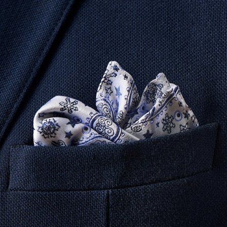 Pañuelo de bolsillo de seda con estampado de cachemira blanco y azul para hombres - Pañuelos de bolsillo estampados