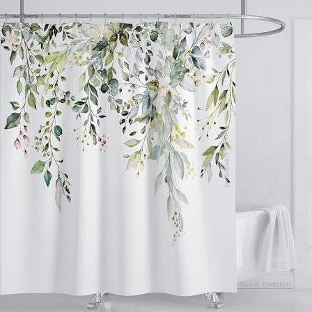 Smaragdgrön Eukalyptus Duschdraperi, Sammanlänkande Växtblad med Blommigt Duschdraperi Set med Krokar, B180xH180cm