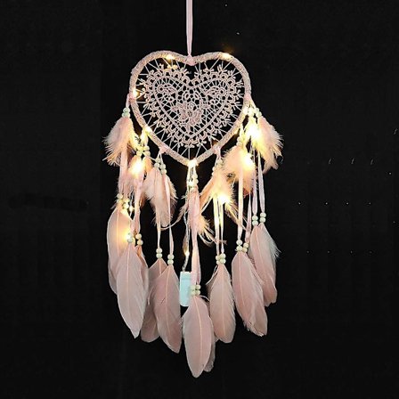 Drömfångare (20*45cm ljusrosa, ljus), Boho-stil LED-lampa handgjord för bil sovrumsdekoration, romantisk vägghängande drömfångare