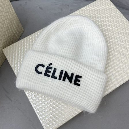 CELINE logo strikket hue, kaninpelsblanding, varm og alsidig - Hvid