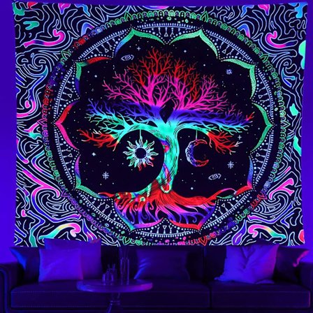 Elämänpuun seinävaate, Mandala-aurinko ja -kuu seinävaate, Hippie UV-reaktiivinen seinäkoriste