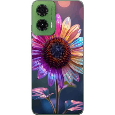Kompatibelt Mobildeksel til Motorola Moto G35 Irideserende blomst med glitrende kronblad i rosa lilla og gull mot myk bokeh bakgrunn