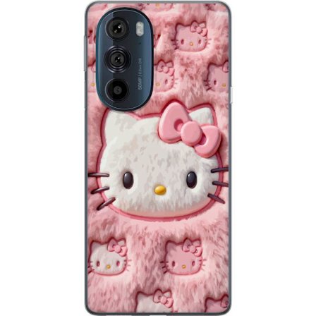 Yhteensopiva Puhelinkuori Motorola Edge 30 Pro Hello Kitty vaaleanpunainen pörröinen tausta, jossa on ikoninen kasvot ja kawaii-esteettisyys