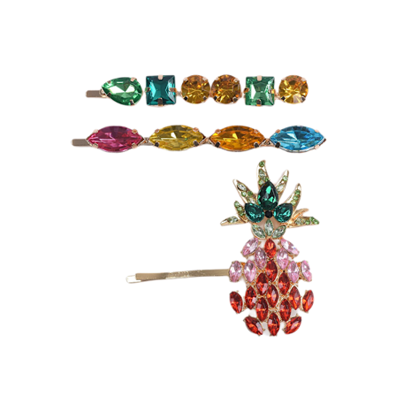 Fashion Rhinestones Hårklämma Set Färg Ananas Hårnålar Trefärgad Sommar Lugg Klämma Spännen för Kvinnor (Ananas)