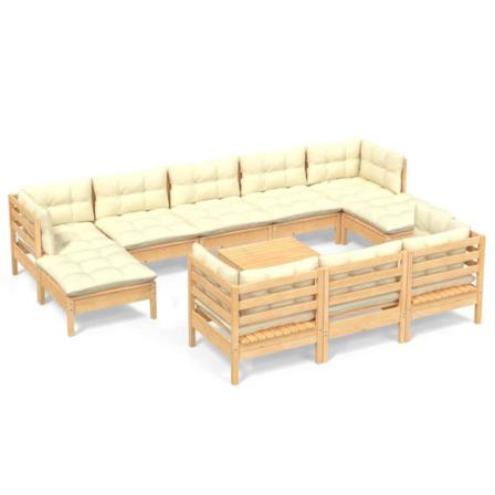 Vidaxl Loungegrupp Med Gräddvita Dynor 11 Delar Massiv Furu Creme