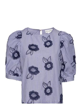 Blouse Delia Stripe And Embroi Blouses Short-sleeved Blå Lindex