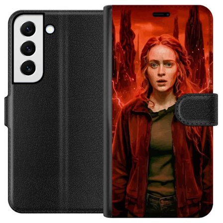 Kompatibelt Plånboksfodral till Samsung Samsung Galaxy S22 5G Porträtt av en ung kvinna med rött hår i en apokalyptisk landskap, röda blixtar och