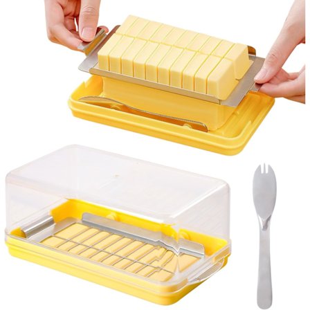 Smørboks i plast med låg, smørskærer, smørboks med gaffel til 454 g, opdel i 20 lige store portioner, opbevaringsboks til ost (gul)