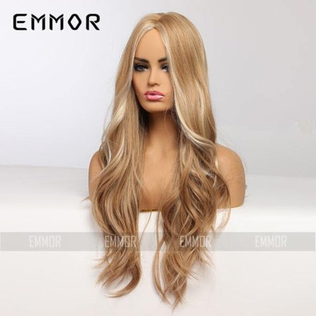 Kultaiset raidat pitkä kihara hius kemiallinen kuitu peruukki naisten päähine