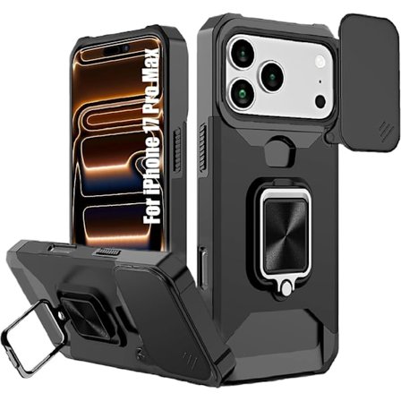 Etui til iPhone 17 Pro Max med [Kortholder][Slide Kamera Dækning][360° Roterende Ring Støttefod] Robust Beskyttende Etui Telefoncover