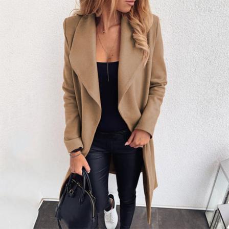 Damer Enfärgade Överrockar Lapel Collar Ylle Långärmade Ytterkläder