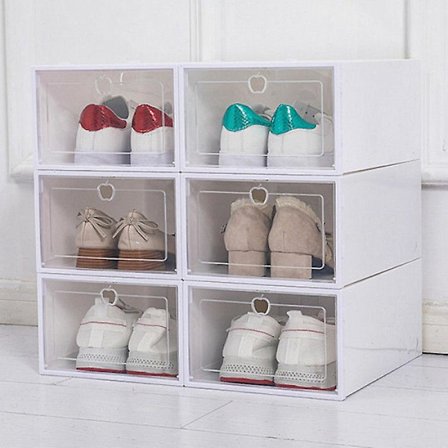 6 stk. gennemsigtig, sammenklappelig skoopbevaringsboks med låg (33x23x14cm)