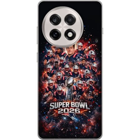 Yhteensopiva Puhelinkuori OnePlus 13R Super Bowl 2026 juliste, jossa New England Patriots ja NFL-mestaruuspalkinto räjähtävän urheilullisessa suunnitt