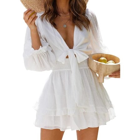 Kvinners vår/sommer knyttet V-hals volang lang ermet blomstermønster swing