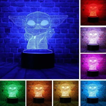 Tegneserie Darth Vader Stormtrooper Yoda Anime Figur 3D Optisk Illusjon LED Soverom Decor Bordlampe med Fjernkontroll 7 Farger Nattlys-WELLNGS Yoda