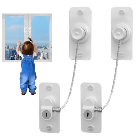 2 stk. selvklæbende vinduesbegrænser 180 graders rotation børnesikring til vinduer med nøgle til køleskab