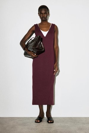 COS Women's V Neck Wrapped Midi Dress in Red