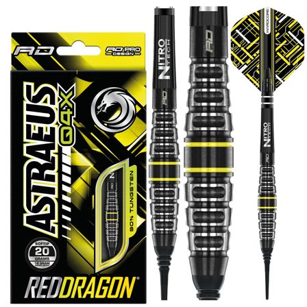 Red Dragon Darts Astraeus Q4X Soft Tip 18g - 90% Tungsten, Yellow/Black Barrel, Geometric Grip, Precision-Engineered, Hardcore Flights