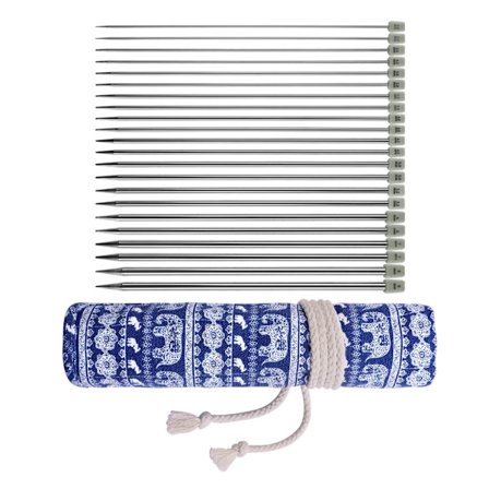 22 stk. Enkeltspiss strikkepinne i rustfritt stål med pose, 25,0 cm lengde