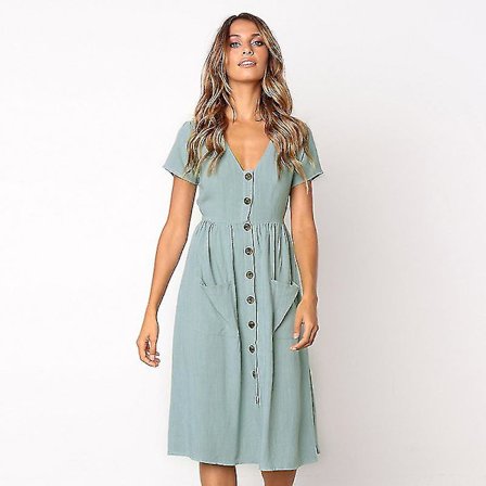 Sommarklänningar för Kvinnor Casual Midiklänning Kortärmad Skjortklänning V-ringad Knäppning A-linje Tunika Klänning med Fickor