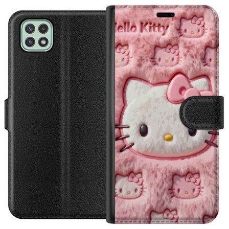 Yhteensopiva Lompakkokotelo Samsung Galaxy A22 5G Hello Kitty vaaleanpunainen pörröinen tausta, jossa on ikoninen kasvot ja kawaii-esteettisyys