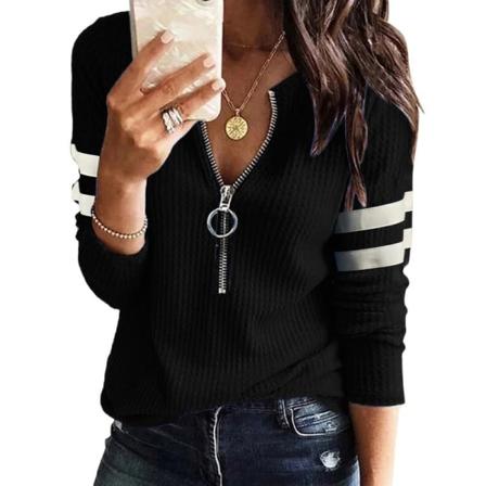 Elegant randig skjorta för kvinnor med dragkedja, snygg V-ringad panel, långa ärmar, Slim Fit T-shirt Casual Top black L