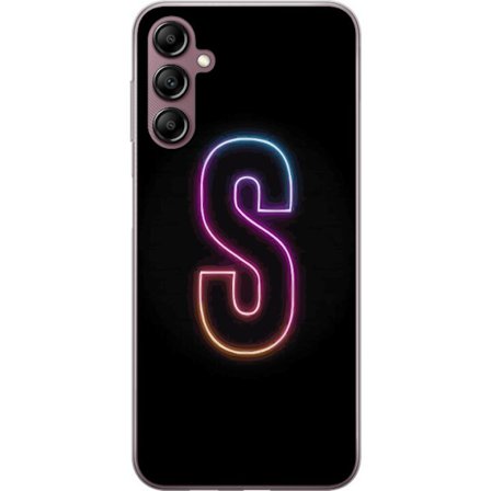 Kompatibelt Mobildeksel til Samsung Samsung Galaxy A14 5G Neonbokstav S i lysende rosa og blå toner mot mørk bakgrunn, stilig bokstavkunst med retro