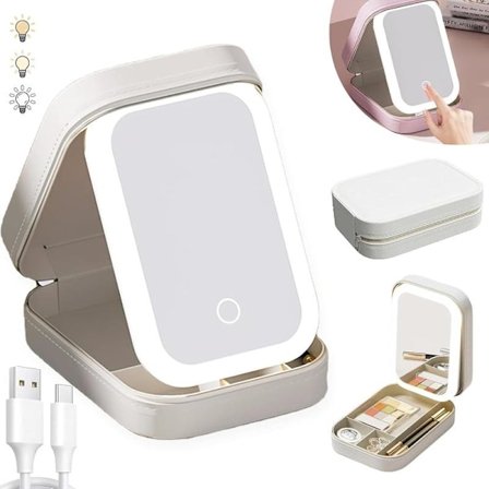 Sminkspejl med Lys, Kosmetikopbevaringskasse med LED-Spejl | Bærbar Sminkskasse - 3 Farver med Lysstærk Sminkskasse, Rejse Sminkskasse