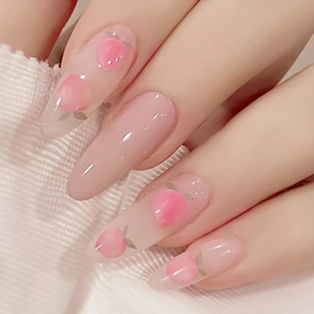 Tryck på naglar långa falska naglar med persika design rosa naglar mandel