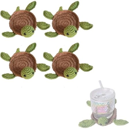 Søte heklede drikkebrikker med skilpadde, 12*12*2cm håndlagde skilpaddebrikker kreative strikkede bordbrikker med skilpadde (4 stk)