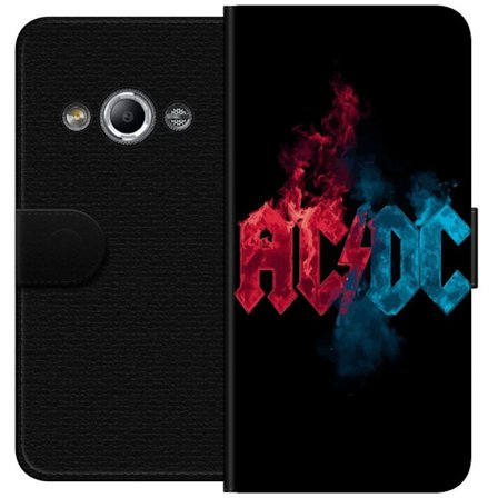 Yhteensopiva Lompakkokotelo Samsung Galaxy Xcover 3 ACDC-logo jaettuna punaiseen ja siniseen tuli- ja savutyyliin mustaa taustaa vasten voimakkaalla r