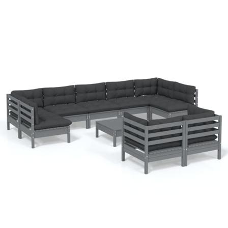 Vidaxl Loungegrupp Med Dynor 10 Delar Grå Massiv Furu Grå