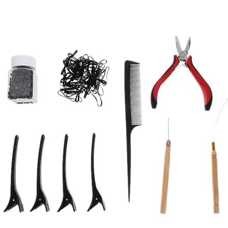 1 sett med verktøy for hårføyelser, perler for hårføyelser, verktøy for å tre hårføyelser, heklenål