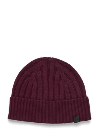 Lauren Ralph Lauren Leather-Trim Rib-Knit Beanie - Burgundy - ONE SIZE