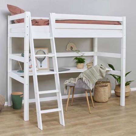 Hoppekids - Loftsäng - ECO Luxury - Skrivbord - Lutande Stege 90x200 Cm Vit - Litenleker