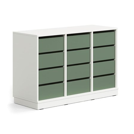 Student storage CASPER, 12 drawers, base frame, white/dark green