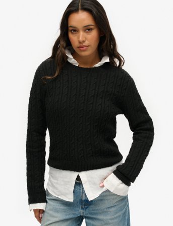 Superdry Fitted Cable Crew Neck Jumper - Black - S