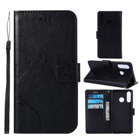 Huawei P30 Lite printti Perhonen Kukka nahkainen suojakotelo - Musta Black