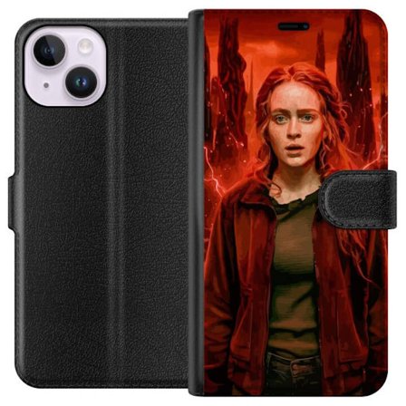 Kompatibelt Plånboksfodral till Apple iPhone 15 Porträtt av en ung kvinna med rött hår i en apokalyptisk landskap, röda blixtar och mörka klippf