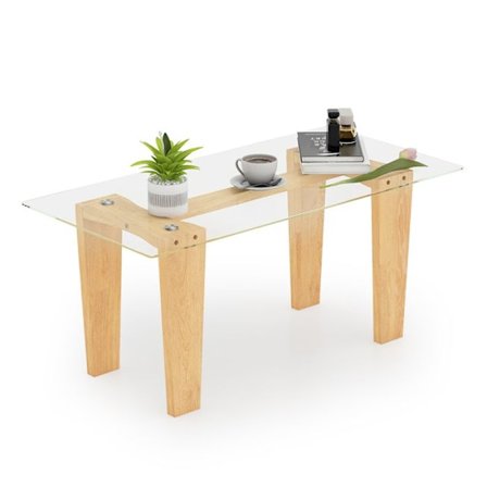 COSTWAY Rektangulärt Bordsunderrede i Härdat Glas, Ben i Gummiträ, Modern Bord 100x50x45cm, Vardagsrum Hem Kontor, Natur