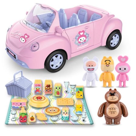 Pink Cabriolet Dukke Bil, med Rullende Hjul, 4 Sæder, Legegave til Piger i Alderen 3 til 7 År (Kompatibel med dukke)